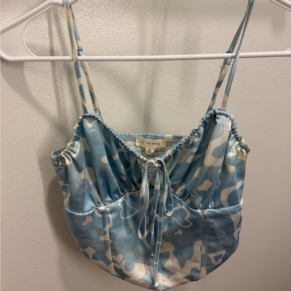 LA Hearts by Pacsun Blue & Cream Heart Print Corset Top